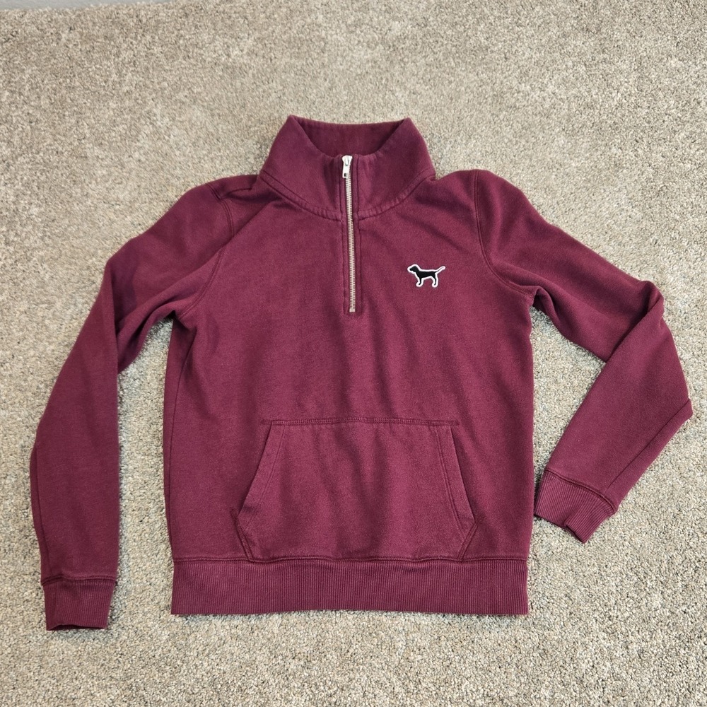 PINK Victoria's Secret Quarter Zip Pullover Small Pink Dog Logo Maroon pocket